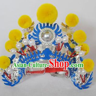 Traditional Handmade Chinese Classical Peking Opera Blues Accessories Yellow Venonat Hat, China Beijing Opera Swordplay Warriors Blue Headwear