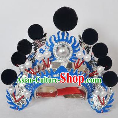 Traditional Handmade Chinese Classical Peking Opera Blues Accessories Black Venonat Hat, China Beijing Opera Swordplay Warriors Blue Headwear