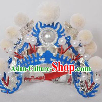 Traditional Handmade Chinese Classical Peking Opera Blues Accessories White Venonat Hat, China Beijing Opera Swordplay Warriors Blue Headwear