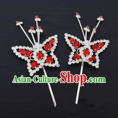 Traditional Handmade Chinese Classical Peking Opera Diva Hair Accessories, China Beijing Opera Hua Tan Red Crystal Butterfly Hairpins Headwear