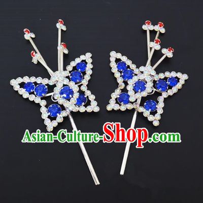 Traditional Handmade Chinese Classical Peking Opera Diva Hair Accessories, China Beijing Opera Hua Tan Blue Crystal Butterfly Hairpins Headwear