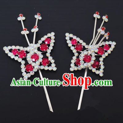 Traditional Handmade Chinese Classical Peking Opera Diva Hair Accessories, China Beijing Opera Hua Tan Rosy Crystal Butterfly Hairpins Headwear