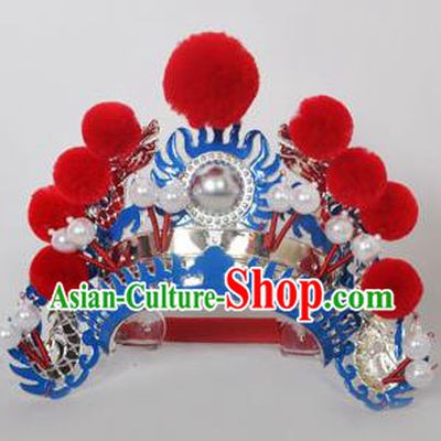 Traditional Handmade Chinese Classical Peking Opera Blues Accessories Red Venonat Hat, China Beijing Opera Swordplay Warriors Blue Headwear