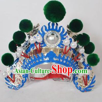 Traditional Handmade Chinese Classical Peking Opera Blues Accessories Green Venonat Hat, China Beijing Opera Swordplay Warriors Blue Headwear