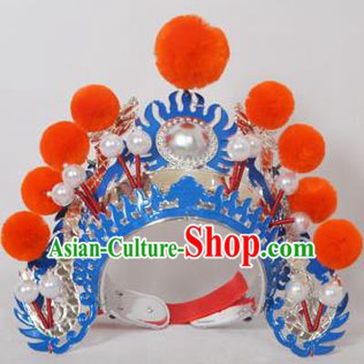 Traditional Handmade Chinese Classical Peking Opera Blues Accessories Orange Venonat Hat, China Beijing Opera Swordplay Warriors Blue Headwear