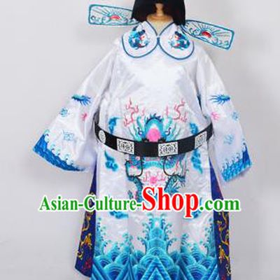 Traditional Chinese Professional Peking Opera Old Men Costume White Embroidered Robe and Hat, China Beijing Opera Prime Minister Embroidery Robe Gwanbok Clothing