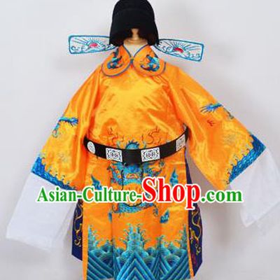 Traditional Chinese Professional Peking Opera Old Men Costume Yellow Embroidered Robe and Hat, China Beijing Opera Prime Minister Embroidery Robe Gwanbok Clothing