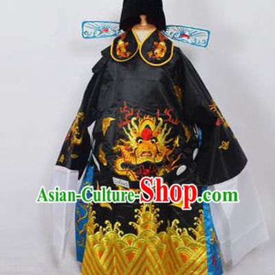Traditional Chinese Professional Peking Opera Old Men Costume Black Embroidered Robe and Hat, China Beijing Opera Prime Minister Embroidery Robe Gwanbok Clothing