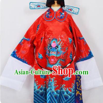 Traditional Chinese Professional Peking Opera Old Men Costume Red Embroidered Robe and Hat, China Beijing Opera Prime Minister Embroidery Robe Gwanbok Clothing