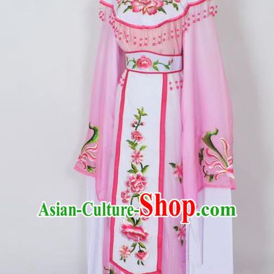 Traditional Chinese Professional Peking Opera Young Lady Princess Costume Pink Embroidery Peony Dress, China Beijing Opera Diva Hua Tan Embroidered Cloud Shoulder Clothing