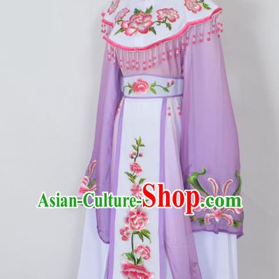 Traditional Chinese Professional Peking Opera Young Lady Princess Costume Purple Embroidery Peony Dress, China Beijing Opera Diva Hua Tan Embroidered Cloud Shoulder Clothing