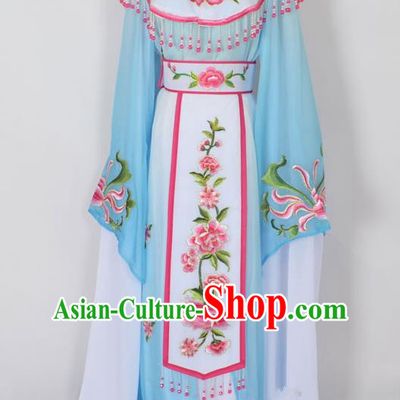 Traditional Chinese Professional Peking Opera Young Lady Princess Costume Blue Embroidery Peony Dress, China Beijing Opera Diva Hua Tan Embroidered Cloud Shoulder Clothing