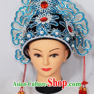Traditional Handmade Chinese Classical Peking Opera Blues Accessories Hat, China Beijing Opera Swordplay Warriors Headwear