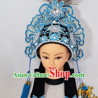 Traditional Handmade Chinese Classical Peking Opera Blues Accessories Hat, China Beijing Opera Swordplay Warriors Headwear