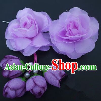 Traditional Handmade Chinese Classical Peking Opera Young Lady Hair Accessories Purple Temples Flowers, China Beijing Opera Princess Headwear Tassel Hairpins
