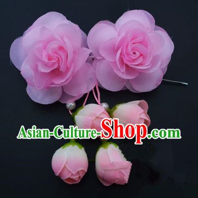 Traditional Handmade Chinese Classical Peking Opera Young Lady Hair Accessories Pink Temples Flowers, China Beijing Opera Princess Headwear Tassel Hairpins