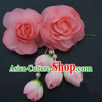 Traditional Handmade Chinese Classical Peking Opera Young Lady Hair Accessories Peach Pink Temples Flowers, China Beijing Opera Princess Headwear Tassel Hairpins