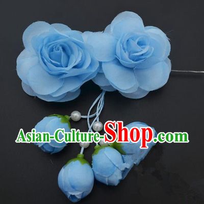 Traditional Handmade Chinese Classical Peking Opera Young Lady Hair Accessories Blue Temples Flowers, China Beijing Opera Princess Headwear Tassel Hairpins