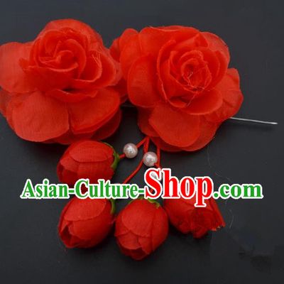 Traditional Handmade Chinese Classical Peking Opera Young Lady Hair Accessories Red Temples Flowers, China Beijing Opera Princess Headwear Tassel Hairpins