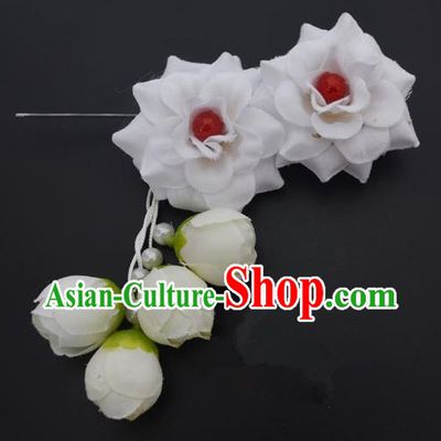Traditional Handmade Chinese Classical Peking Opera Young Lady Hua Tan Hair Accessories White Temples Flowers, China Beijing Opera Diva Princess Headwear Tassel Hairpins