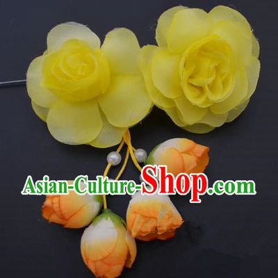 Traditional Handmade Chinese Classical Peking Opera Young Lady Hair Accessories Yellow Temples Flowers, China Beijing Opera Princess Headwear Tassel Hairpins