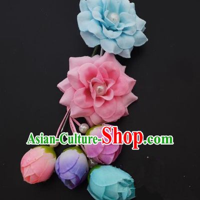 Traditional Handmade Chinese Classical Peking Opera Young Lady Hua Tan Hair Accessories Blue and Pink Temples Flowers, China Beijing Opera Diva Princess Headwear Tassel Hairpins