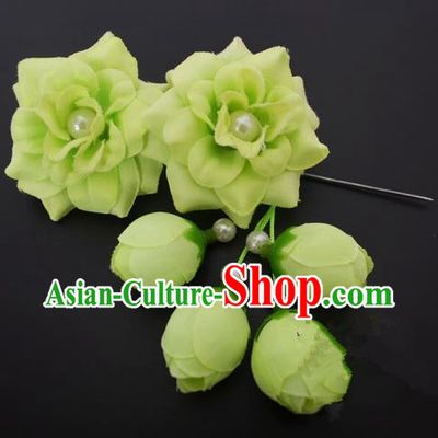 Traditional Handmade Chinese Classical Peking Opera Young Lady Hua Tan Hair Accessories Green Temples Flowers, China Beijing Opera Diva Princess Headwear Tassel Hairpins