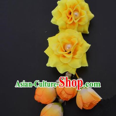 Traditional Handmade Chinese Classical Peking Opera Young Lady Hua Tan Hair Accessories Yellow Temples Flowers, China Beijing Opera Diva Princess Headwear Tassel Hairpins