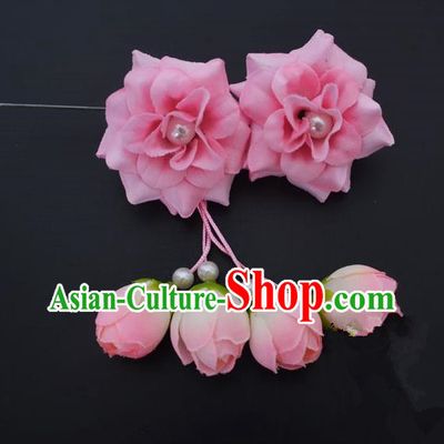 Traditional Handmade Chinese Classical Peking Opera Young Lady Hua Tan Hair Accessories Pink Temples Flowers, China Beijing Opera Diva Princess Headwear Tassel Hairpins
