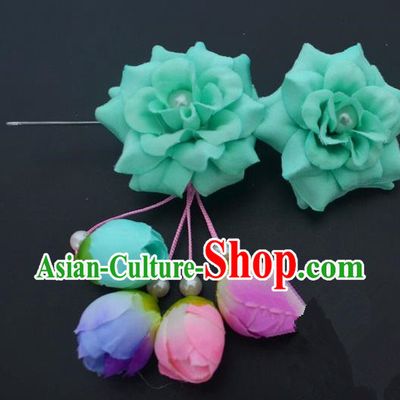 Traditional Handmade Chinese Classical Peking Opera Young Lady Hua Tan Hair Accessories Green Temples Flowers, China Beijing Opera Diva Princess Headwear Tassel Hairpins