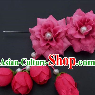 Traditional Handmade Chinese Classical Peking Opera Young Lady Hua Tan Hair Accessories Rosy Temples Flowers, China Beijing Opera Diva Princess Headwear Tassel Hairpins