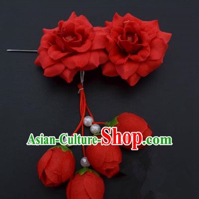 Traditional Handmade Chinese Classical Peking Opera Young Lady Hua Tan Hair Accessories Red Temples Flowers, China Beijing Opera Diva Princess Headwear Tassel Hairpins