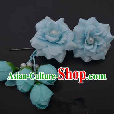 Traditional Handmade Chinese Classical Peking Opera Young Lady Hua Tan Hair Accessories Light Blue Temples Flowers, China Beijing Opera Diva Princess Headwear Tassel Hairpins