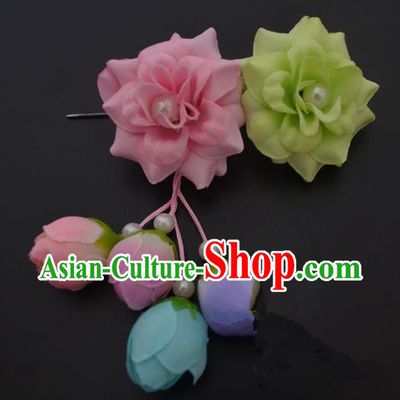 Traditional Handmade Chinese Classical Peking Opera Young Lady Hua Tan Hair Accessories Pink and Green Temples Flowers, China Beijing Opera Diva Princess Headwear Tassel Hairpins