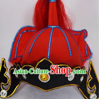 Traditional Handmade Chinese Classical Peking Opera Blues Accessories Red Hat, China Beijing Opera Swordplay Warriors Headwear