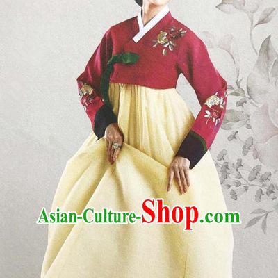 Traditional Korean Handmade Embroidery Mother Hanbok, Top Grade Korea Hanbok Wedding Red Costume for Women