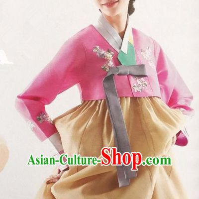 Traditional Korean Handmade Embroidery Bride Hanbok, Top Grade Korea Hanbok Wedding Pink Costume for Women