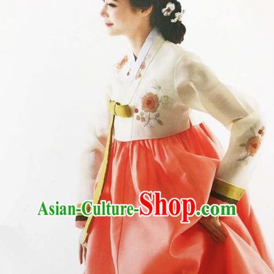 Traditional Korean Handmade Embroidery Bride Hanbok Orange Dress, Top Grade Korea Hanbok Wedding Costume for Women