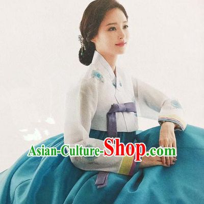 Traditional Korean Handmade Embroidery Bride Hanbok Green Dress, Top Grade Korea Hanbok Wedding Costume for Women