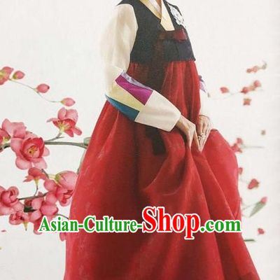 Traditional Korean Handmade Embroidery Bride Hanbok Red Dress, Top Grade Korea Hanbok Wedding Costume for Women