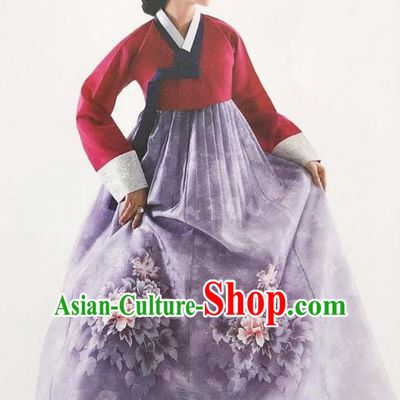 Traditional Korean Handmade Embroidery Bride Hanbok Purple Dress, Top Grade Korea Hanbok Wedding Costume for Women