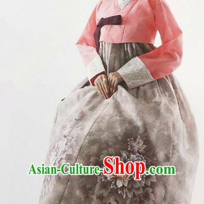 Traditional Korean Handmade Embroidery Bride Hanbok Grey Dress, Top Grade Korea Hanbok Wedding Costume for Women