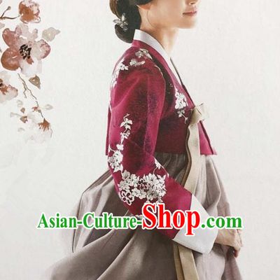 Traditional Korean Handmade Embroidery Bride Hanbok Red Full Dress, Top Grade Korea Hanbok Wedding Costume for Women