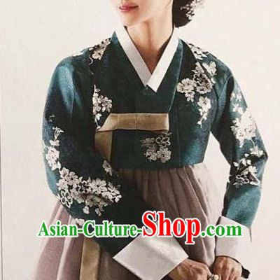 Traditional Korean Handmade Embroidery Bride Hanbok Green Full Dress, Top Grade Korea Hanbok Wedding Costume for Women