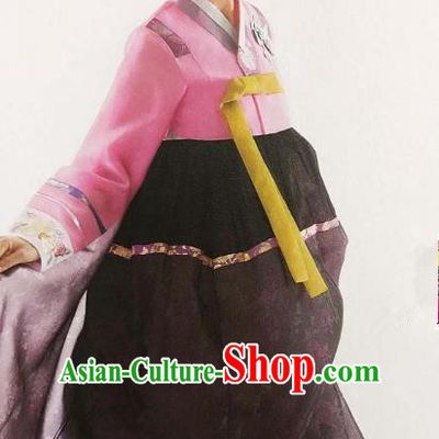 Traditional Korean Handmade Embroidery Bride Hanbok Pink Full Dress, Top Grade Korea Hanbok Wedding Costume Complete Set for Women