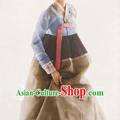 Traditional Korean Handmade Embroidery Bride Hanbok Blue Full Dress, Top Grade Korea Hanbok Wedding Costume Complete Set for Women