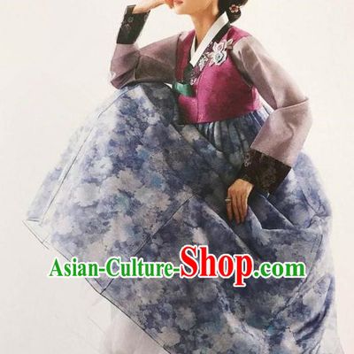 Traditional Korean Handmade Embroidery Bride Hanbok Printing Blue Full Dress, Top Grade Korea Hanbok Wedding Costume Complete Set for Women