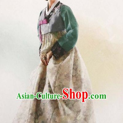 Traditional Korean Handmade Embroidery Bride Hanbok Printing Beige Full Dress, Top Grade Korea Hanbok Wedding Costume Complete Set for Women