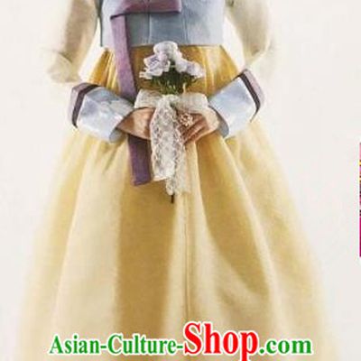 Traditional Korean Handmade Embroidery Bride Hanbok Yellow Full Dress, Top Grade Korea Hanbok Wedding Costume Complete Set for Women