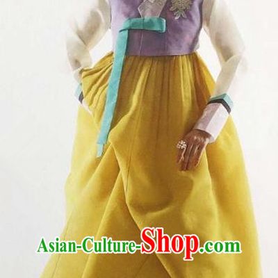 Traditional Korean Handmade Embroidery Bride Hanbok Purple Full Dress, Top Grade Korea Hanbok Wedding Costume Complete Set for Women
